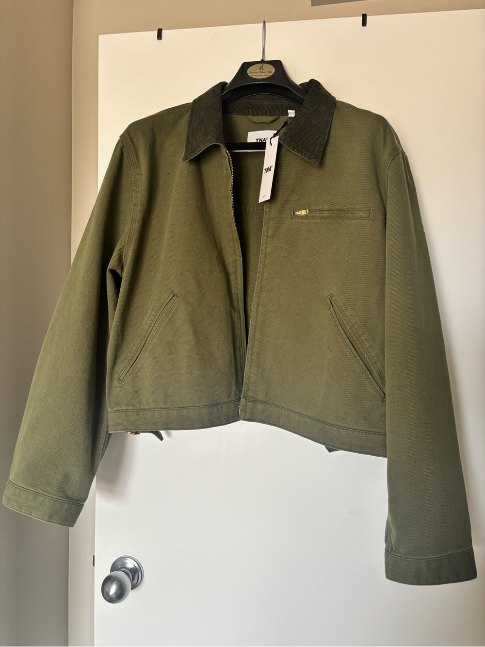 TNA Olive Green Crop Zip Jacket with Corduroy Collar - Picture 2 of 6